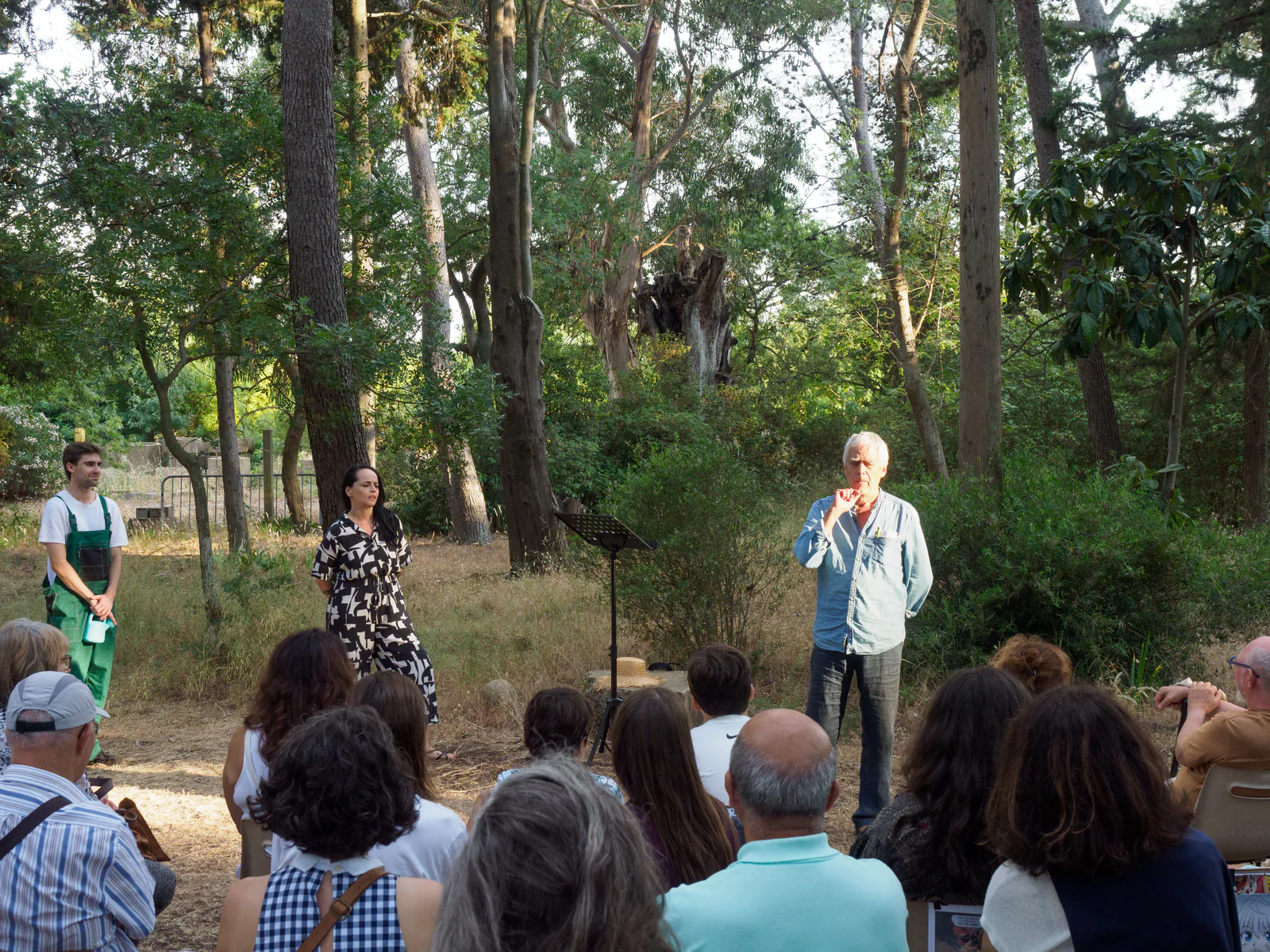 Interprètes jouant devant le public sous les arbres au Festival Confluences 2021
