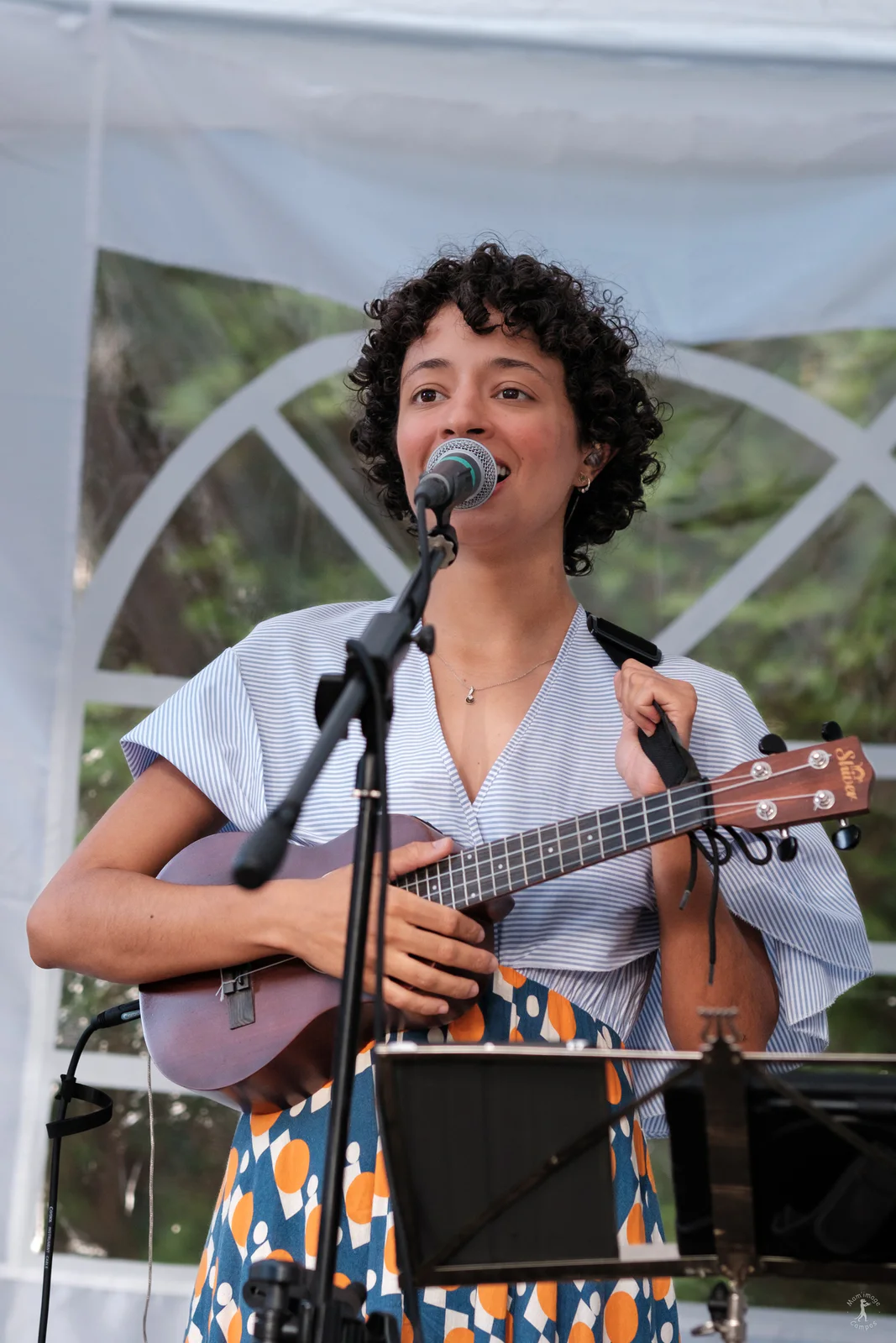 Musicienne chantant et jouant du ukulélé pendant le Festival Confluences 2024